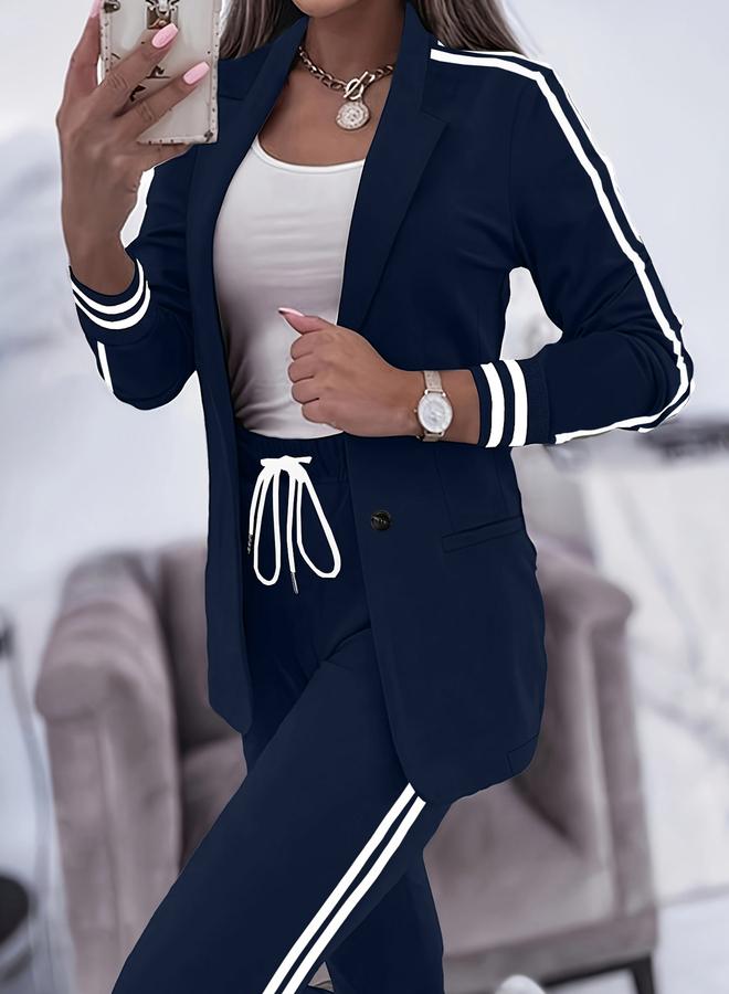 تايك تو بليزر نسائي مخطط مزدوج بأكمام طويلة - Image 1