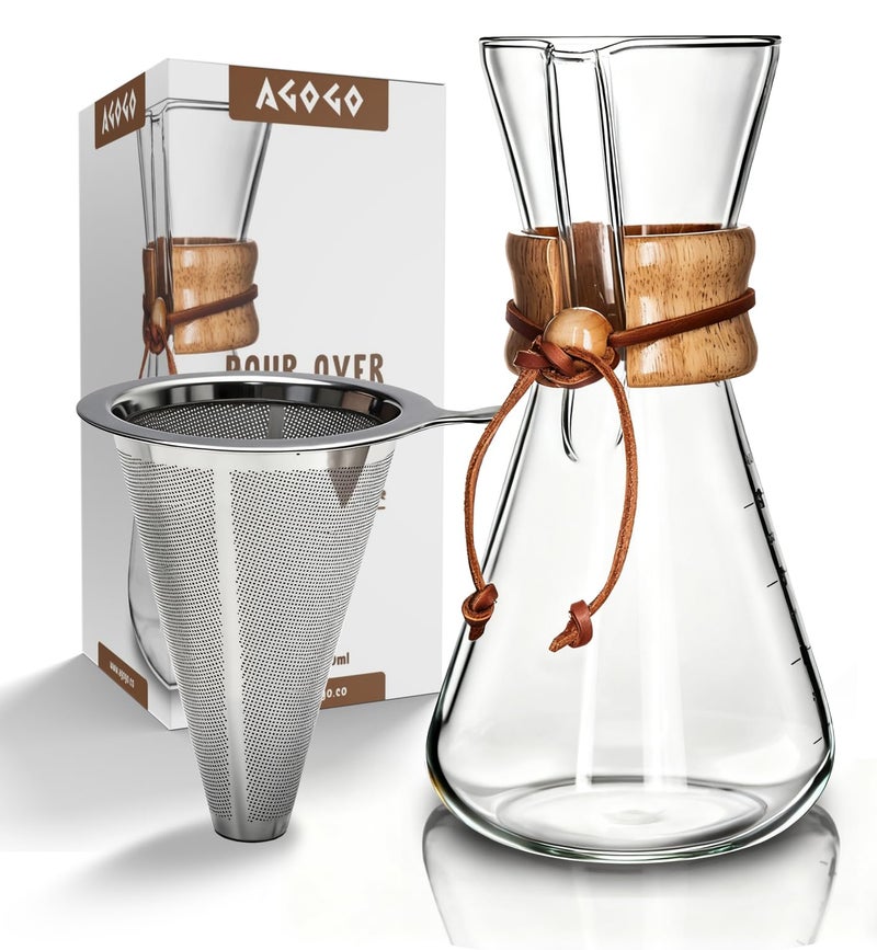 AGOGO Pour Over Coffee Maker Glass - 6/8/10 Cup Barista Kit with 304 Stainless Filter for Home, Office, Camping, Cafes - Easy Clean Coffee Dripper Set (Rag&Brush Included) (6 Cup/20 oz) - Image 1