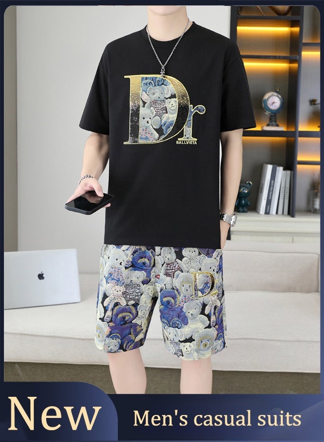 Two-piece set with c a plain black t-shirt with a graphic print and camo shorts, men's casual suit, including jacket and shorts, fashionable men's two-piece set  - Image 1