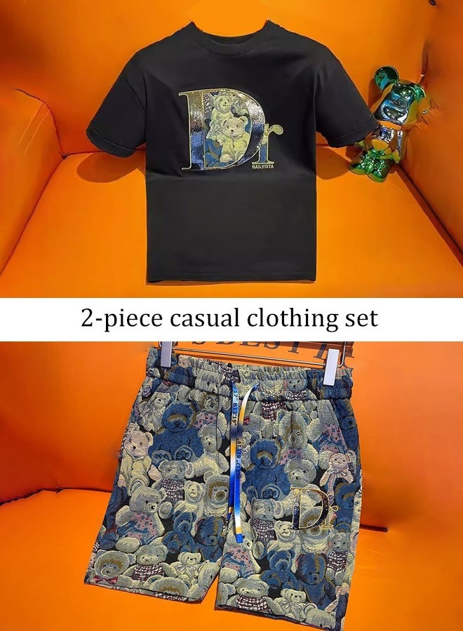Two-piece set with c a plain black t-shirt with a graphic print and camo shorts, men's casual suit, including jacket and shorts, fashionable men's two-piece set  - Image 2