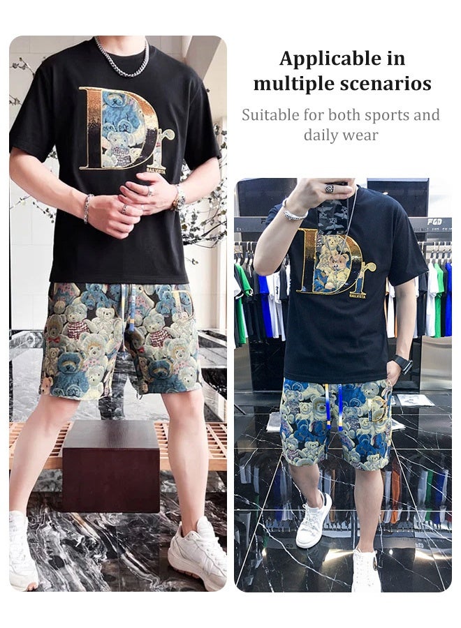 Two-piece set with c a plain black t-shirt with a graphic print and camo shorts, men's casual suit, including jacket and shorts, fashionable men's two-piece set  - Image 3