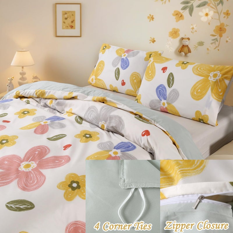 MAG 3pcs Floral Bedding Duvet Cover Set Twin,Boho Duvet Cover Colorful,Flower Duvet Cover Set for Toddler, Kids, Girls, Super Cute Microfiber (no Comforter) (Yellow, Twin) - Image 3