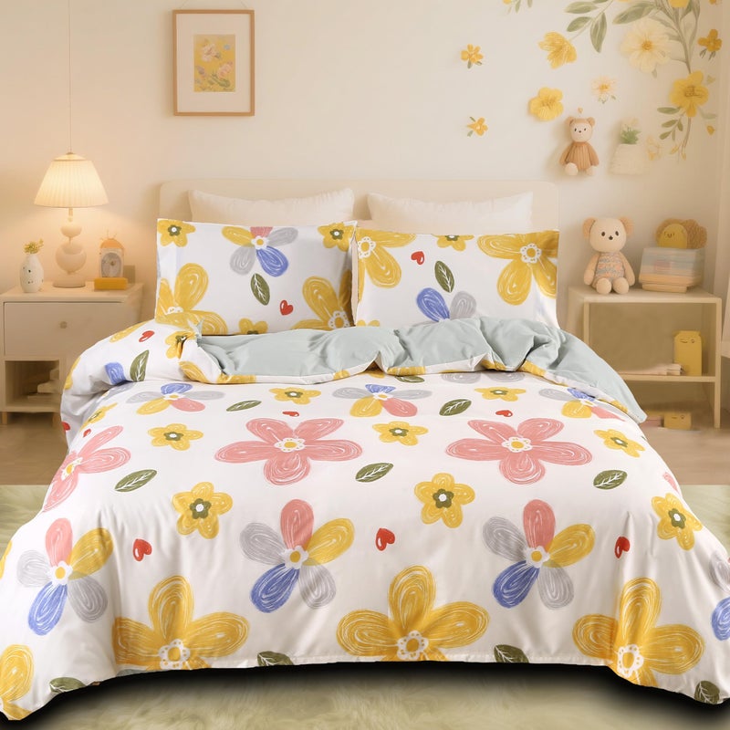 MAG 3pcs Floral Bedding Duvet Cover Set Twin,Boho Duvet Cover Colorful,Flower Duvet Cover Set for Toddler, Kids, Girls, Super Cute Microfiber (no Comforter) (Yellow, Twin) - Image 1