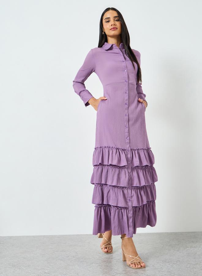 ستايلي فستان طويل بحافة طبقات مكشكشة وأزرار - Image 3