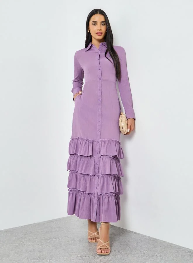 Lilac Buttoned Ruffled Tiered Hem Maxi Dress