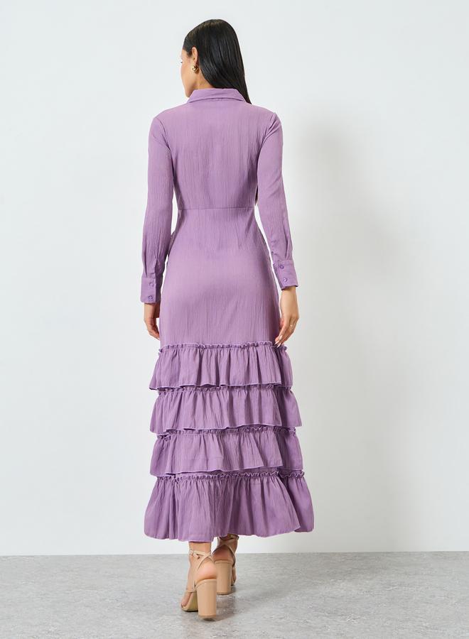 ستايلي فستان طويل بحافة طبقات مكشكشة وأزرار - Image 5