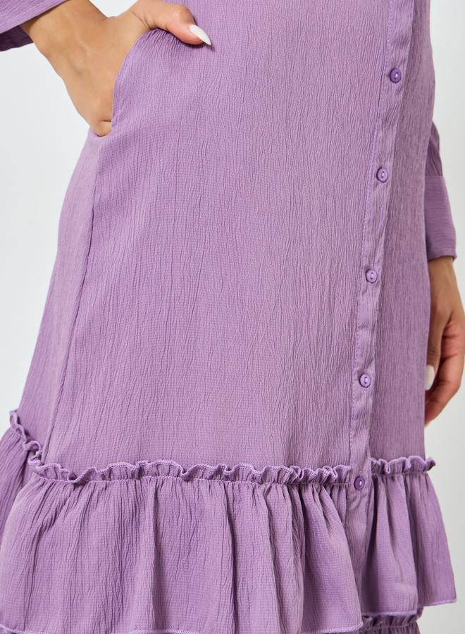 ستايلي فستان طويل بحافة طبقات مكشكشة وأزرار - Image 4