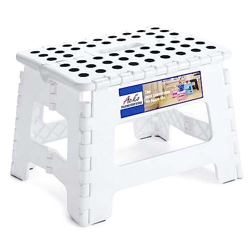 ACKO Folding Step Stool 9 Inch 300 lb Capacity Plastic Foldable Step Stools for Kids and Adults Folding Stools Suitable for Kitchen Stepping Stool with Handle White 1PC