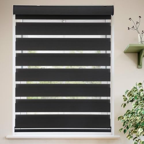 MYshade Roller Shades Zebra Blinds for Indoor Windows Cordless Day and Night Light Filtering Dual Layer Roller Window Blinds  Shades Easy to Install Size 34 W x 72 H Black