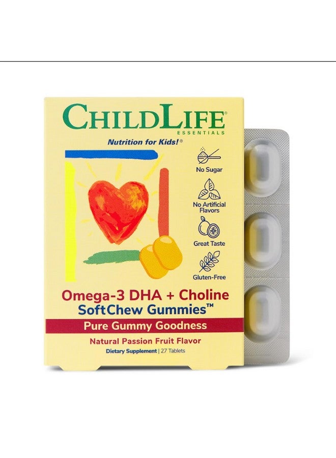 CHILDLIFE ESSENTIALS أوميغا-3 DHA + كولين حلوى مضغ - للأطفال، DHA للأطفال، حلوى أوميغا 3 مع كولين، زيت السمك للرضع، الأطفال الصغار والأطفال - نكهة فاكهة العاطفة الطبيعية، 27 قرص - Image 1