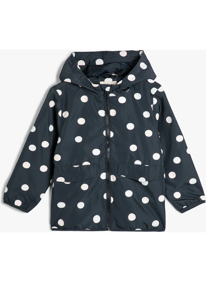 KOTON Polka Dot Hooded Coat with Pocket Detail, Cotton Lining that Changes Color in Water