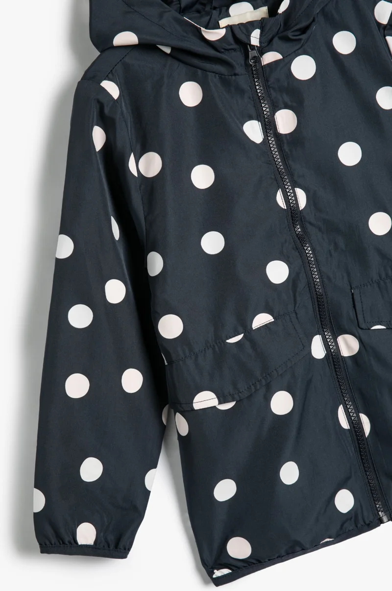 KOTON Polka Dot Hooded Coat with Pocket Detail, Cotton Lining that Changes Color in Water