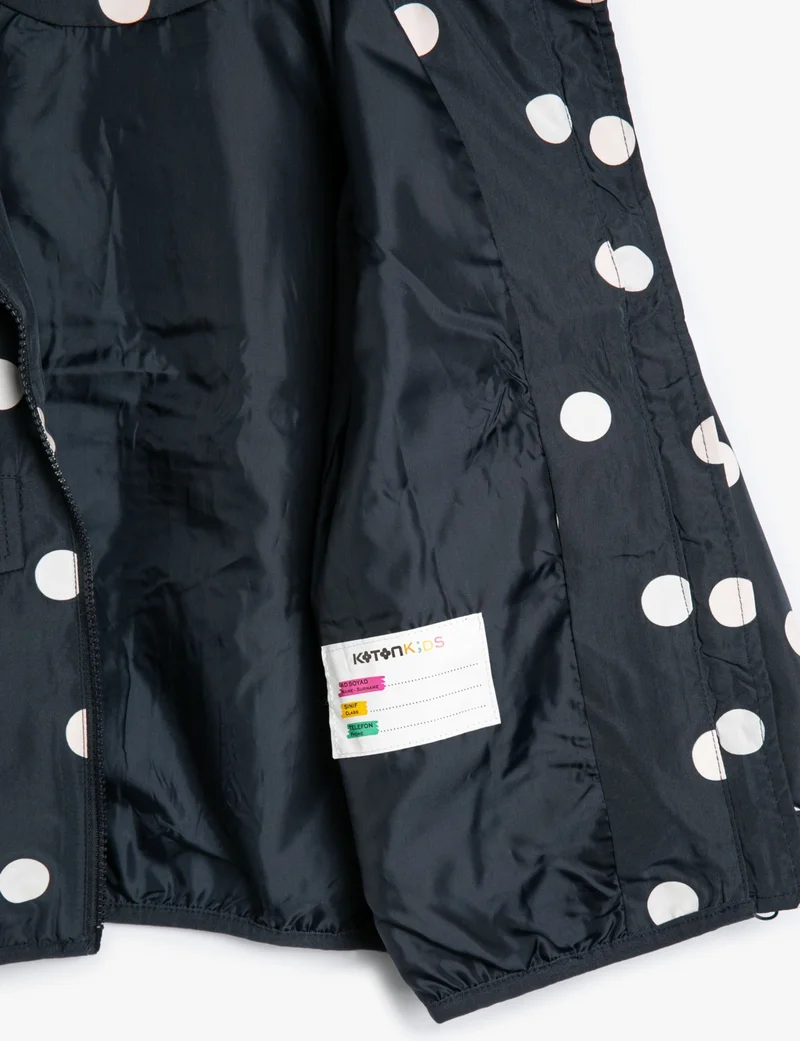 KOTON Polka Dot Hooded Coat with Pocket Detail, Cotton Lining that Changes Color in Water