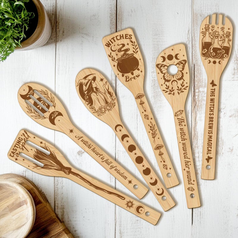 CUTHOLLOW 6PCS Magic Witch Wooden Kitchen Cooking Utensil Set, 11.9in Non Toxic Bamboo Wood Spoon Set for Cooking, Best Housewarming Halloween Decor Gift for Women Mother - Image 1