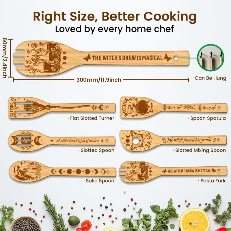 CUTHOLLOW 6PCS Magic Witch Wooden Kitchen Cooking Utensil Set, 11.9in Non Toxic Bamboo Wood Spoon Set for Cooking, Best Housewarming Halloween Decor Gift for Women Mother - Image 2