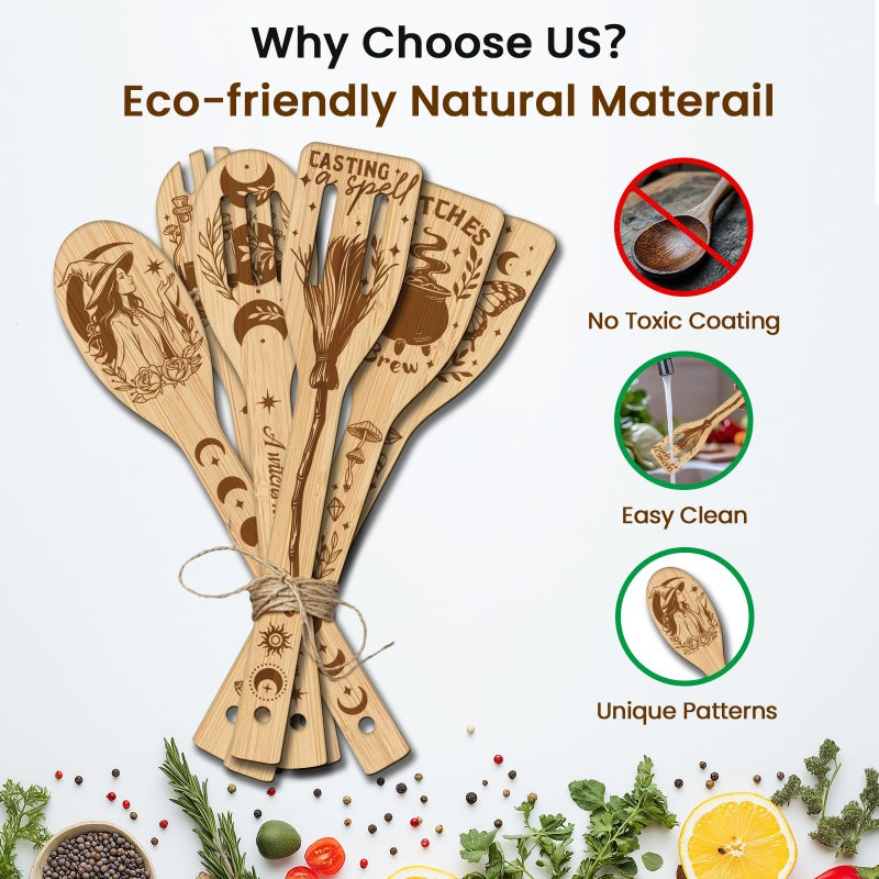 CUTHOLLOW 6PCS Magic Witch Wooden Kitchen Cooking Utensil Set, 11.9in Non Toxic Bamboo Wood Spoon Set for Cooking, Best Housewarming Halloween Decor Gift for Women Mother - Image 3