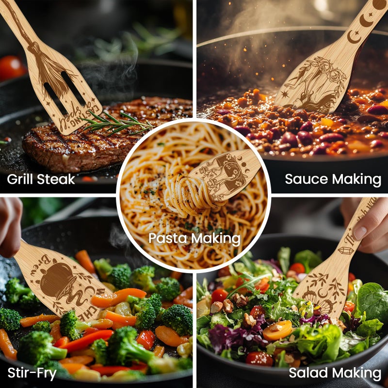 CUTHOLLOW 6PCS Magic Witch Wooden Kitchen Cooking Utensil Set, 11.9in Non Toxic Bamboo Wood Spoon Set for Cooking, Best Housewarming Halloween Decor Gift for Women Mother - Image 4