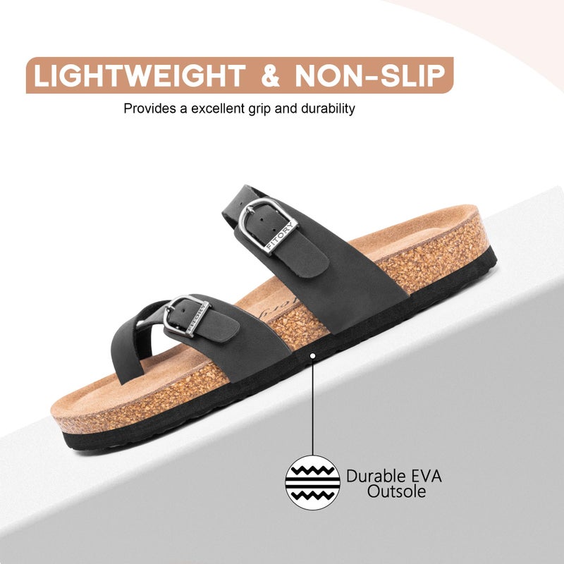 FITORY Women's Slide Sandals with Soft Cork Footbed, Comfort Arch Support Flat Sandals for Summer Black Size 8 - Image 5