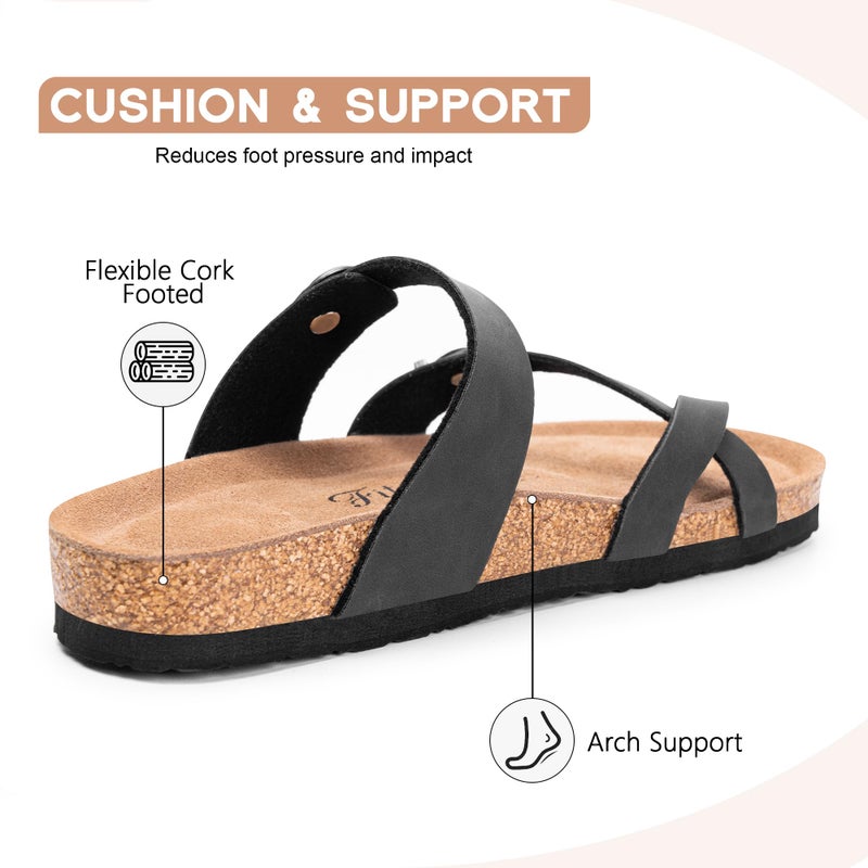 FITORY Women's Slide Sandals with Soft Cork Footbed, Comfort Arch Support Flat Sandals for Summer Black Size 8 - Image 4