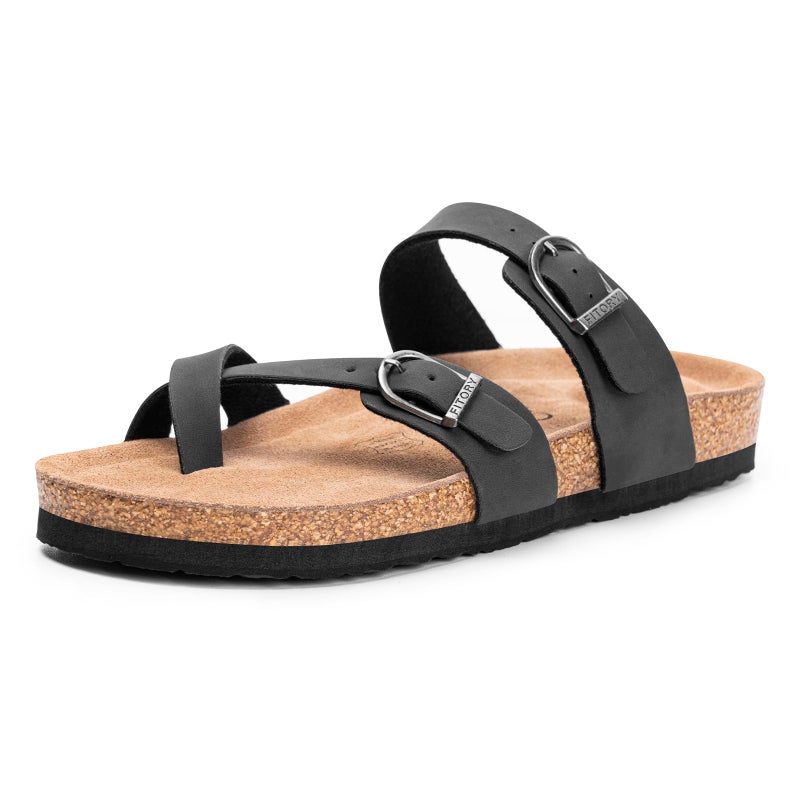 FITORY Women's Slide Sandals with Soft Cork Footbed, Comfort Arch Support Flat Sandals for Summer Black Size 8 - Image 1
