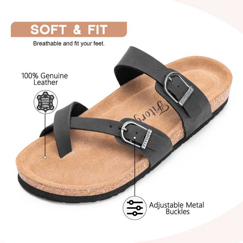 FITORY Women's Slide Sandals with Soft Cork Footbed, Comfort Arch Support Flat Sandals for Summer Black Size 8 - Image 3