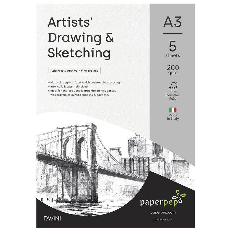 PaperPep Artists' Sketching & Drawing Paper 200GSM A3 Pack of 5 for Sketching & Drawing with Pencil, Charcoal, Graphite, redchalk Pastel, Chalk, Oil Pastel & Wax Crayon for Artists' & Amateurs - Image 1