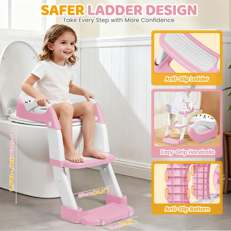 Orzbow Potty Training Seat, Toddler Toilet Seat with Step Stool Ladder, 2-in-1 Toddler Potty Training Toilet Chair for Kids Boys Girls - 5-Level Adjustable Height | Splash Guard | Anti Slip Pad, Pink - Image 2