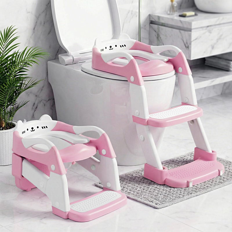Orzbow Potty Training Seat, Toddler Toilet Seat with Step Stool Ladder, 2-in-1 Toddler Potty Training Toilet Chair for Kids Boys Girls - 5-Level Adjustable Height | Splash Guard | Anti Slip Pad, Pink - Image 1
