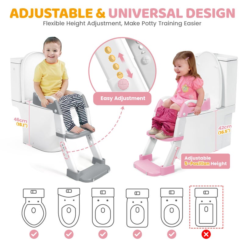 Orzbow Potty Training Seat, Toddler Toilet Seat with Step Stool Ladder, 2-in-1 Toddler Potty Training Toilet Chair for Kids Boys Girls - 5-Level Adjustable Height | Splash Guard | Anti Slip Pad, Pink - Image 4