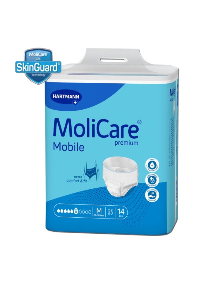 مولي كير **Arabic Translation:**  حفاضات سروالية للكبار، **MoliCare Premium Mobile**، حفاضات للكبار لعلاج سلس البول، للجنسين، مقاس **متوسط (M)**، مستوى امتصاص **6 قطرات**، **14 قطعة / عبوة**. - Image 1