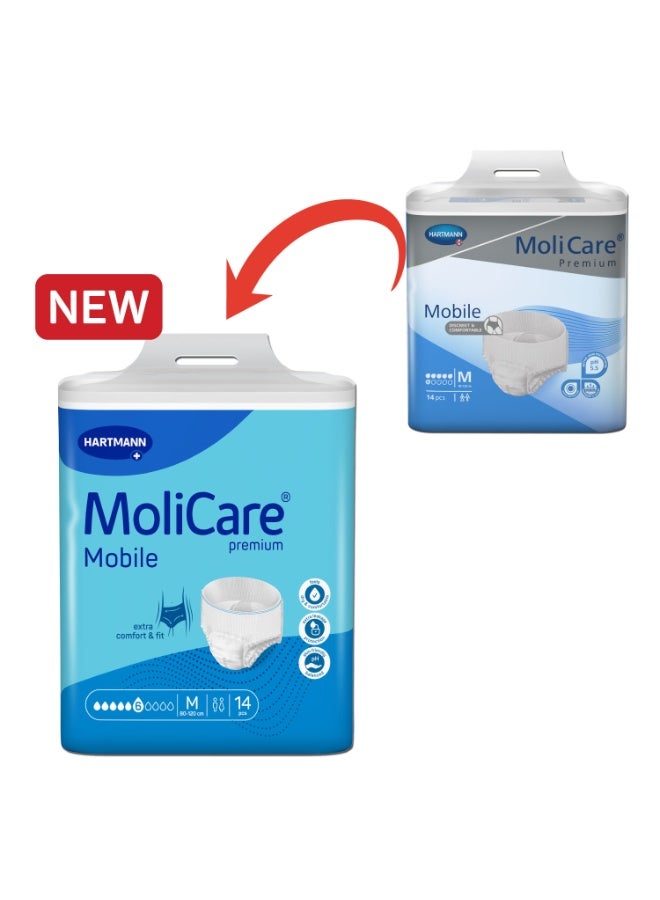مولي كير **Arabic Translation:**  حفاضات سروالية للكبار، **MoliCare Premium Mobile**، حفاضات للكبار لعلاج سلس البول، للجنسين، مقاس **متوسط (M)**، مستوى امتصاص **6 قطرات**، **14 قطعة / عبوة**. - Image 2