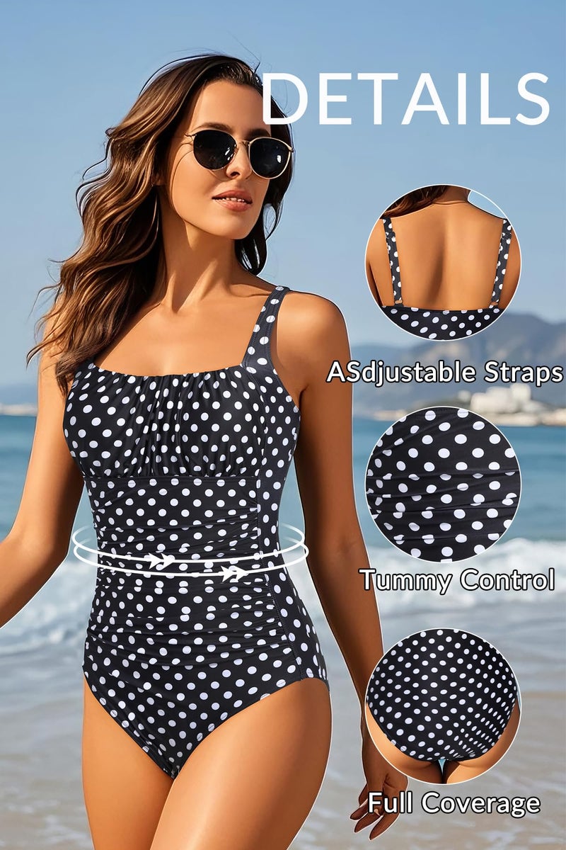 Aqua Eve One Piece Bathing Suit for Women Tummy Control Swimsuit Slimming Vintage Swimwear Black Polka Dot L - Image 5