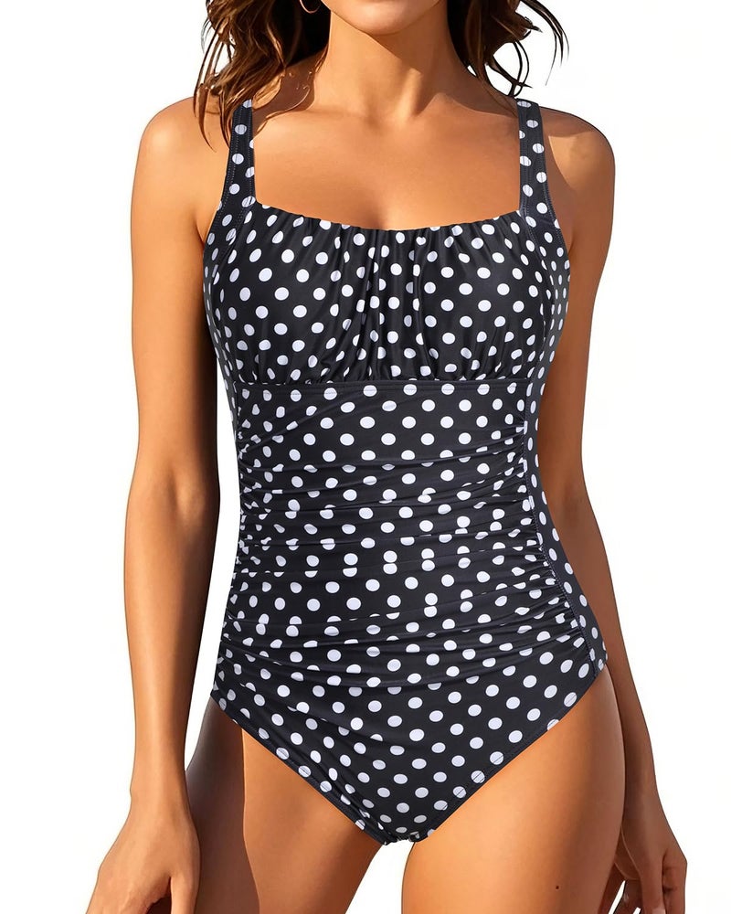 Aqua Eve One Piece Bathing Suit for Women Tummy Control Swimsuit Slimming Vintage Swimwear Black Polka Dot L - Image 1