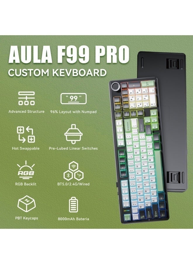 أولا لوحة مفاتيح الألعاب اللاسلكية AULA F99 Pro، هيكل بمفصل مطاطي، لوحة مفاتيح قابلة للتبديل السريع بثلاثة أوضاع، BT5.0/2.4GHz/USB-C، مفاتيح مسبقة التشحيم، أغطية مفاتيح PBT مضيئة RGB لأجهزة الكمبيوتر/ماك - Image 2