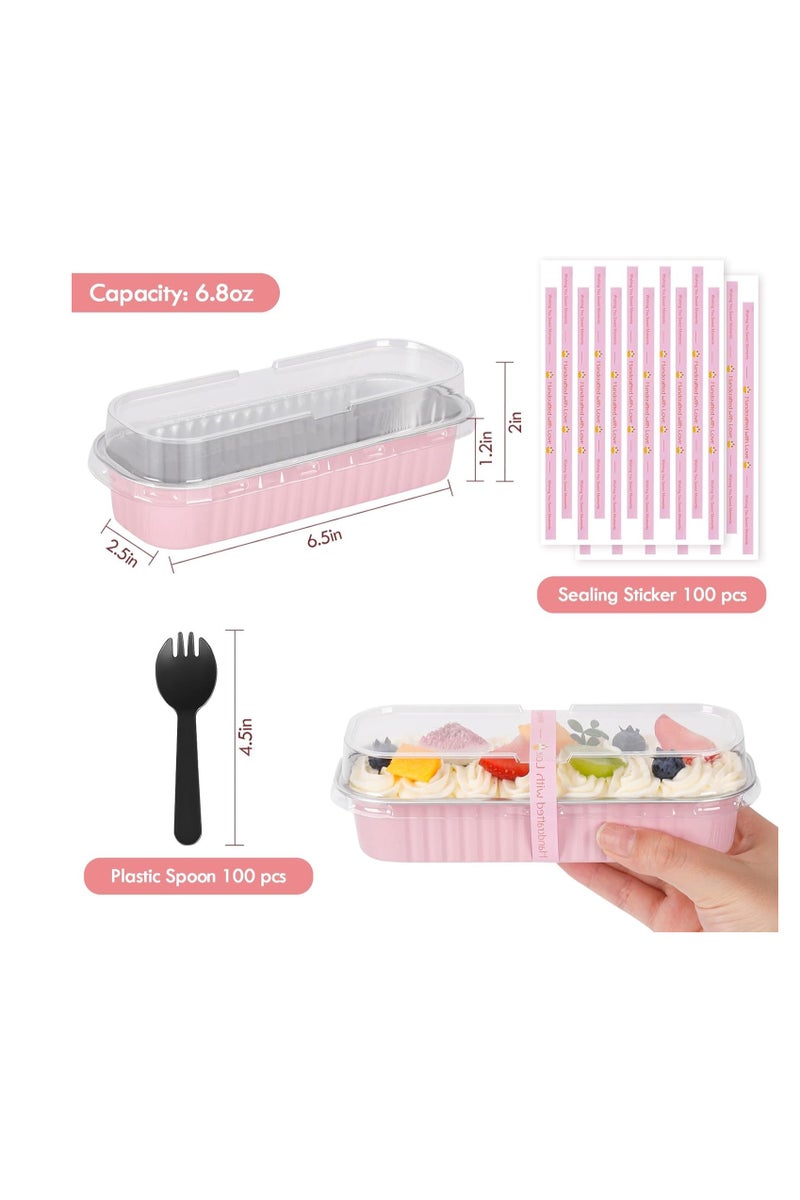 عام 100 Pack Mini Loaf Pans مع أغطية وملاعق ختم ملصق ، مقالي 6.8oz مصغرة للخبز ، مقالي رغيف رقائق ألومنيوم يمكن التخلص منها ، مقالي الخبز الوردي ، حاويات كعكة صغيرة مع أغطية - Image 5