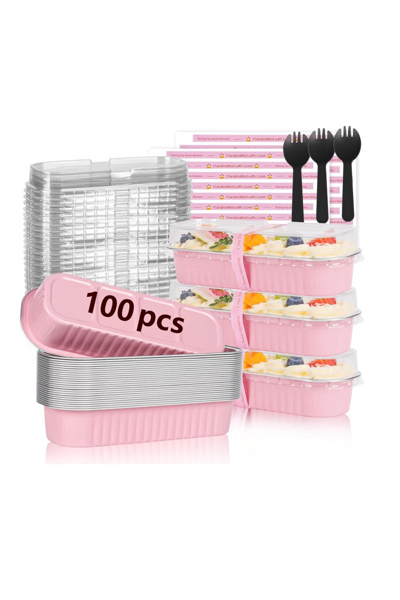 عام 100 Pack Mini Loaf Pans مع أغطية وملاعق ختم ملصق ، مقالي 6.8oz مصغرة للخبز ، مقالي رغيف رقائق ألومنيوم يمكن التخلص منها ، مقالي الخبز الوردي ، حاويات كعكة صغيرة مع أغطية - Image 1