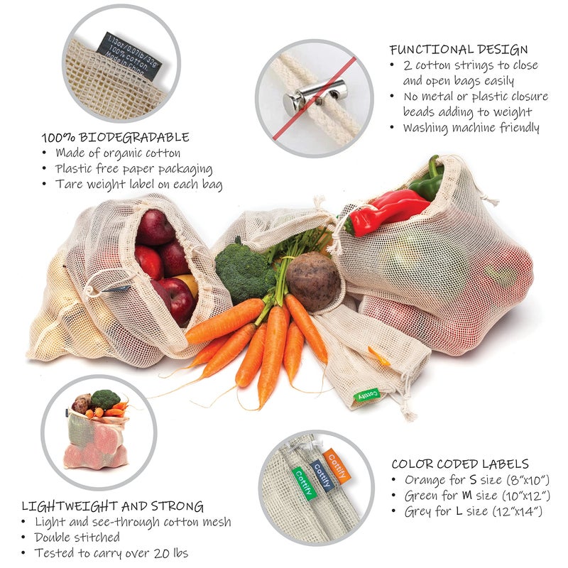 Cottify 12+1 Reusable Produce Bags Grocery Washable, Organic Cotton Mesh Produce Bags, Double-Stitched & Tare Weigh, Mesh bags for vegetables, Cotton Produce Bags Reusable Washable, Produce bag 4xS, 4xM, 4xL - Image 3