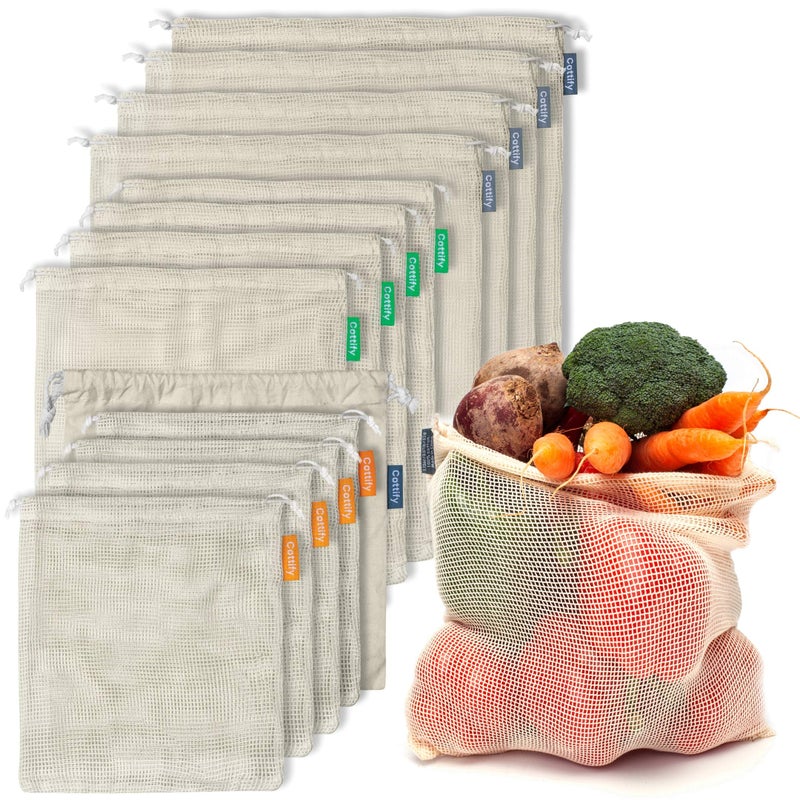 Cottify 12+1 Reusable Produce Bags Grocery Washable, Organic Cotton Mesh Produce Bags, Double-Stitched & Tare Weigh, Mesh bags for vegetables, Cotton Produce Bags Reusable Washable, Produce bag 4xS, 4xM, 4xL - Image 1