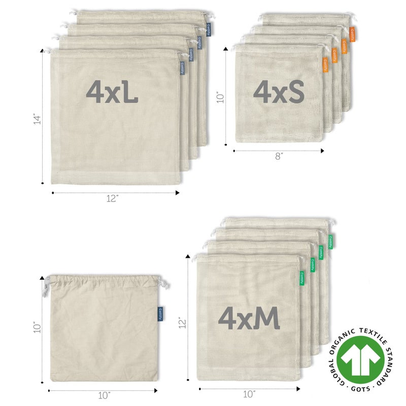 Cottify 12+1 Reusable Produce Bags Grocery Washable, Organic Cotton Mesh Produce Bags, Double-Stitched & Tare Weigh, Mesh bags for vegetables, Cotton Produce Bags Reusable Washable, Produce bag 4xS, 4xM, 4xL - Image 2