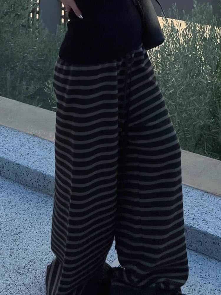 MANGMAO Striped Cute Pj Lounge Pants Woman Grunge Wide Leg Emo Alt Loose Y2k Pjs 2000s Casual Teen Pajamas Pants (Black,Medium) - Image 4