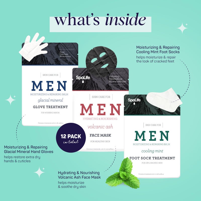 SpaLife Men's 12-Piece Spa Set: Repairing Hand Gloves for Dry Hands, Cooling Mint Foot Socks for Cracked Heels, and Moisturizing Face Mask Ultimate Men Grooming and Relaxation Gift Kit - Image 2