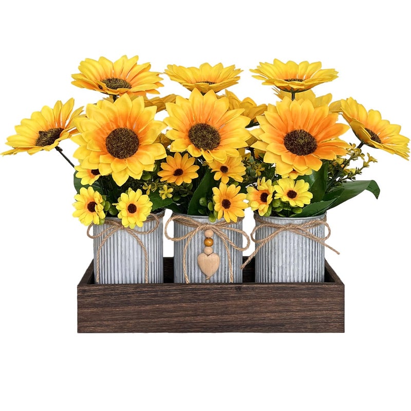 HEMYLU Sunflowers Artificial Flowers Decorations, Sunflower Table Centerpieces for Wedding, Artificial Flower Arrangement Farmhouse Décor for Dining Room, Living Room, Coffee Table, Study Desk - Image 1