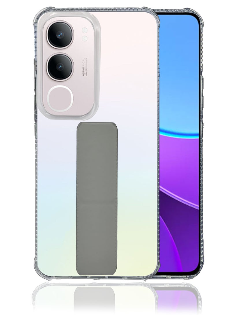 For Vivo Y19s Shock Proof Silicone protection Clear Case Cover With Magnetic Hand Grip-Clear/Grey - Image 4