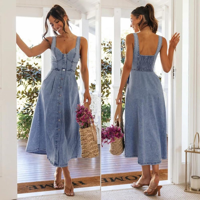 utcoco Denim Dress for Women Sleeveless Button Down Slim Fit Midi Jean Dresses for Women 2026 (X-Large, Blue) - Image 2