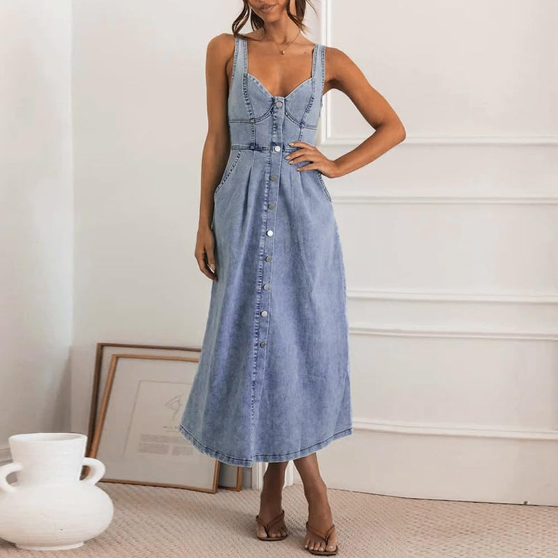 utcoco Denim Dress for Women Sleeveless Button Down Slim Fit Midi Jean Dresses for Women 2026 (X-Large, Blue) - Image 5