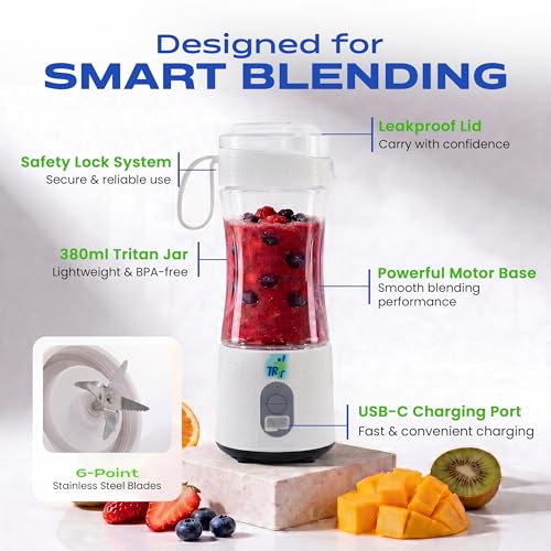TR6 Blendmate Comfort Portable Blender 380ML | USB-C Rechargeable Mini Blender for Smoothies, Shakes & Ice Crushing | 4000mAh Battery, 6-Blade Tritan | Travel, Gym, Office (White) - Image 2