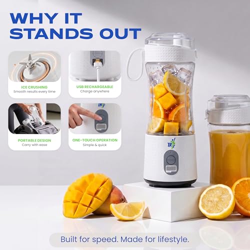 TR6 Blendmate Comfort Portable Blender 380ML | USB-C Rechargeable Mini Blender for Smoothies, Shakes & Ice Crushing | 4000mAh Battery, 6-Blade Tritan | Travel, Gym, Office (White) - Image 3