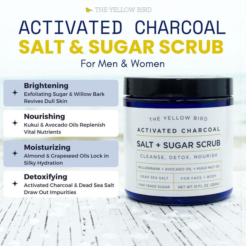 The Yellow Bird Activated Charcoal Face & Body Scrub â€“ Natural Deep Cleansing Exfoliator for Smooth, Soft Skin â€“ Gentle Salt & Sugar Scrub for Armpit & Foot Detox â€“ For Men & Women â€“ Made in USA - Image 2