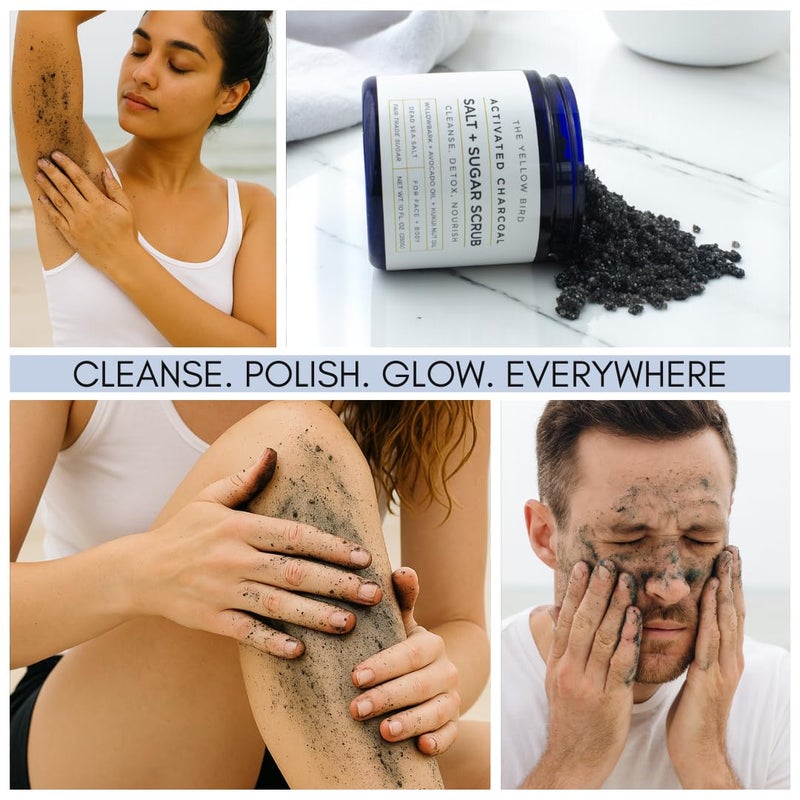 The Yellow Bird Activated Charcoal Face & Body Scrub â€“ Natural Deep Cleansing Exfoliator for Smooth, Soft Skin â€“ Gentle Salt & Sugar Scrub for Armpit & Foot Detox â€“ For Men & Women â€“ Made in USA - Image 3