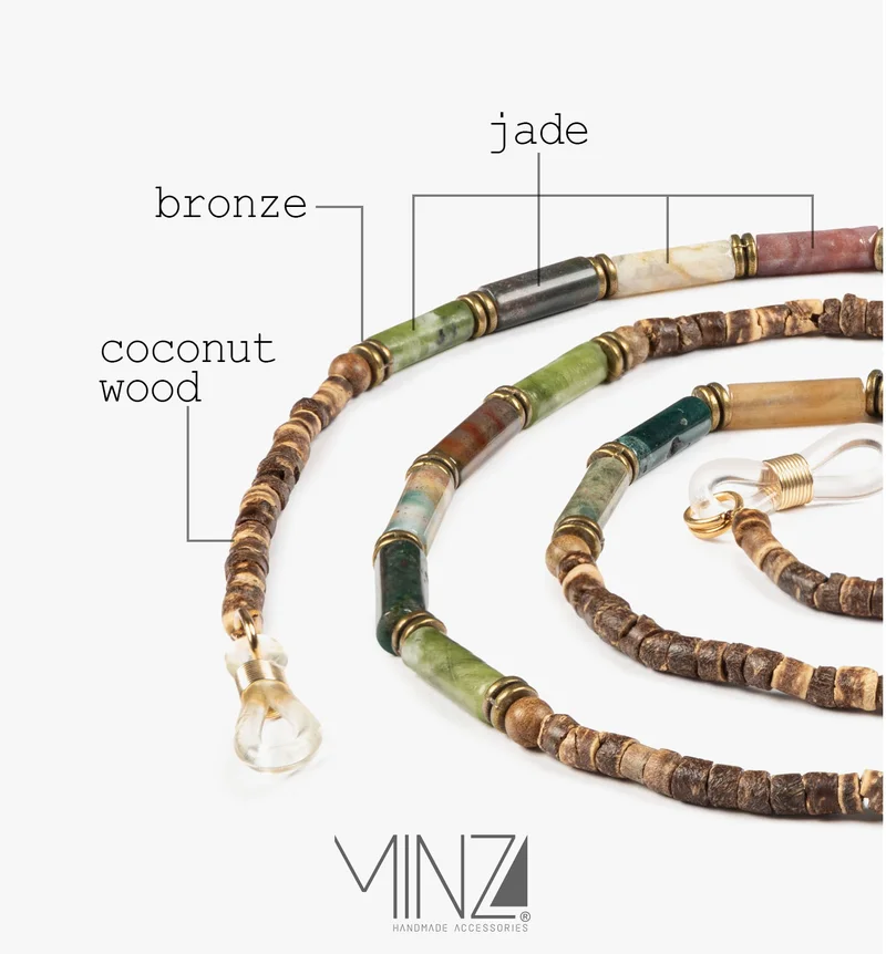 Minza  Minza “Silva” Eyewear Chain, Jade Stone, Coconut Wood & Bronze, Handmade Unisex Glasses Chain for Sunglasses & Eyeglasses, Natural Eyewear Holder, Boho Minimalist Accessory  | Best Price UAE